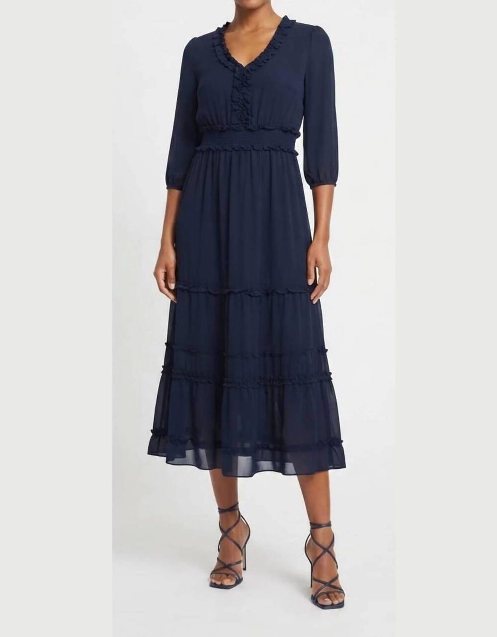 NEW NICOLE MILLER smocked waist tiered maxi dress in deep navy